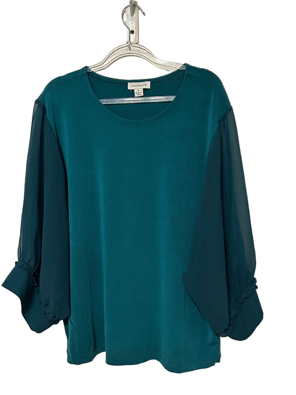 🎼CALLIGRAPHIE XL GUC Teal Two-Tone Sheer Sleeve Blouse
